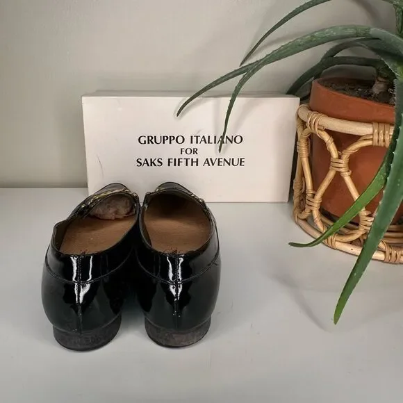 Vintage Gruppo Italiano for Saks Patent Leather Loafers Laila Black Gold Bit 9.5 - Picture 4 of 13